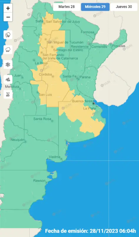 Imagen tomada del Servicio Metereológico Nacional con alerta amarilla para el 29/11