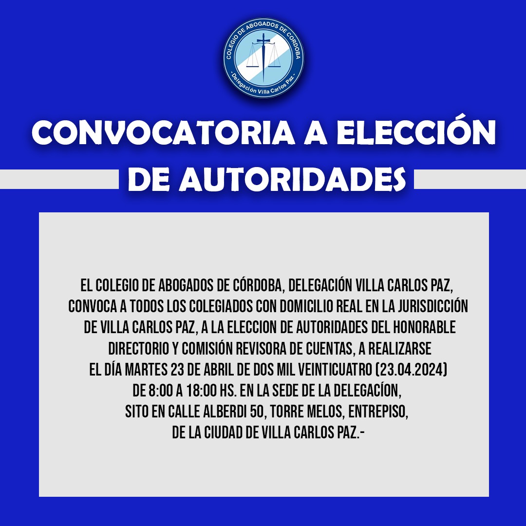 La Delegación Carlos Paz del Colegio de Abogados convoca a elección de autoridades