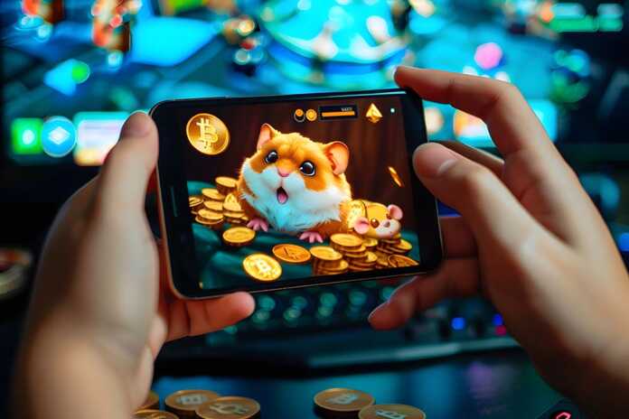 A person playing a mobile game featuring a cute hamster